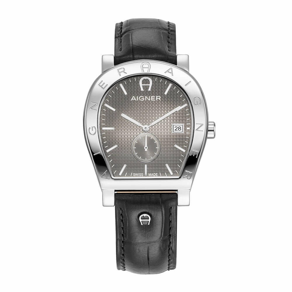 Aigner Daiano Gents Grey Dial Black Leather Strap Watch