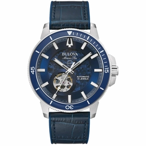 Bulova Men's Watch - Marine Star Automatic Open Heart Dial Blue Leather Strap | 96A291
