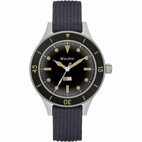 Bulova Men's Watch - Mil Ships Automatic Silver Tone Case Black Fabric Strap | 98A266