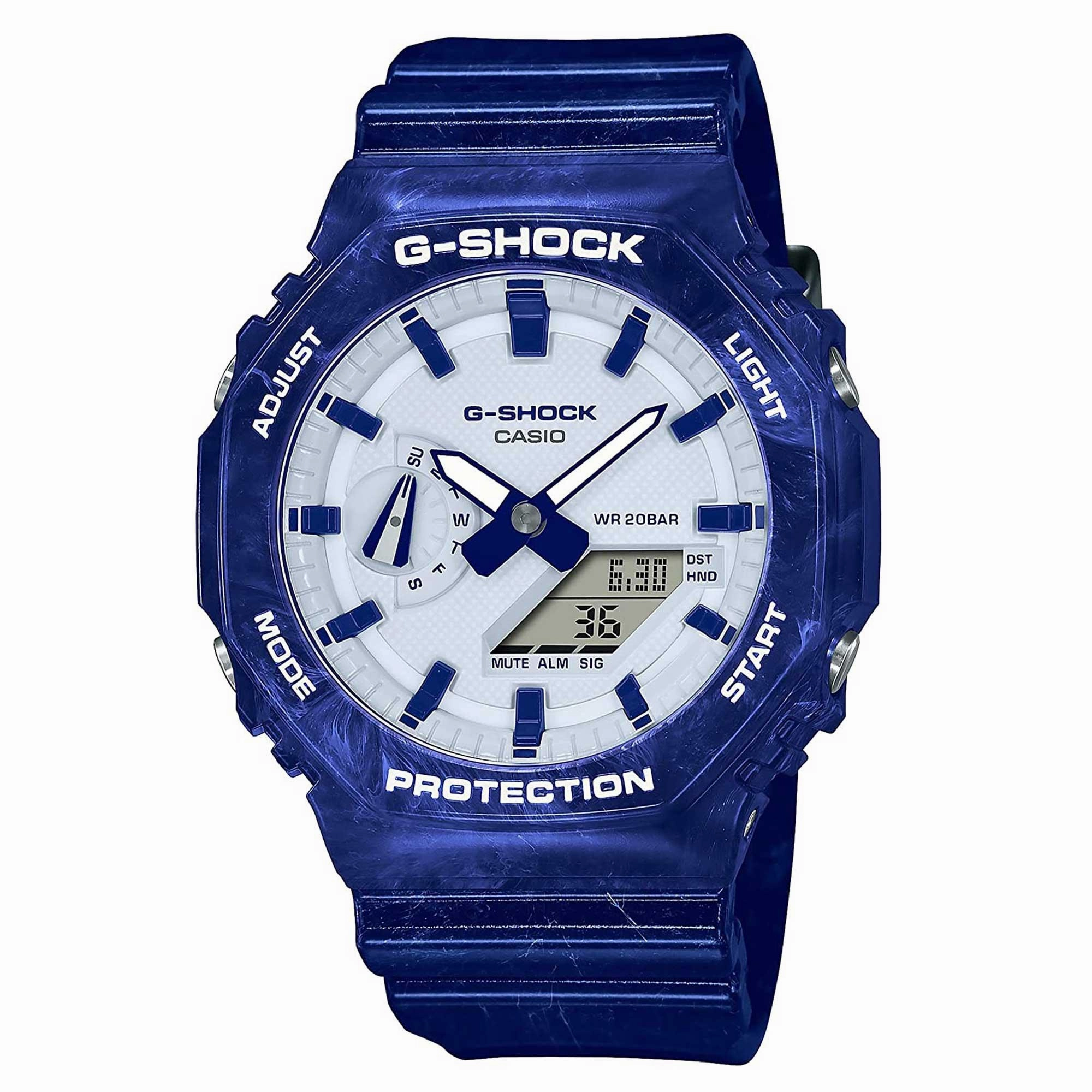 Casio Men's Quartz Watch - G-Shock White Ana-Digi Dial Blue Resin Strap | GA2100BWP-2A