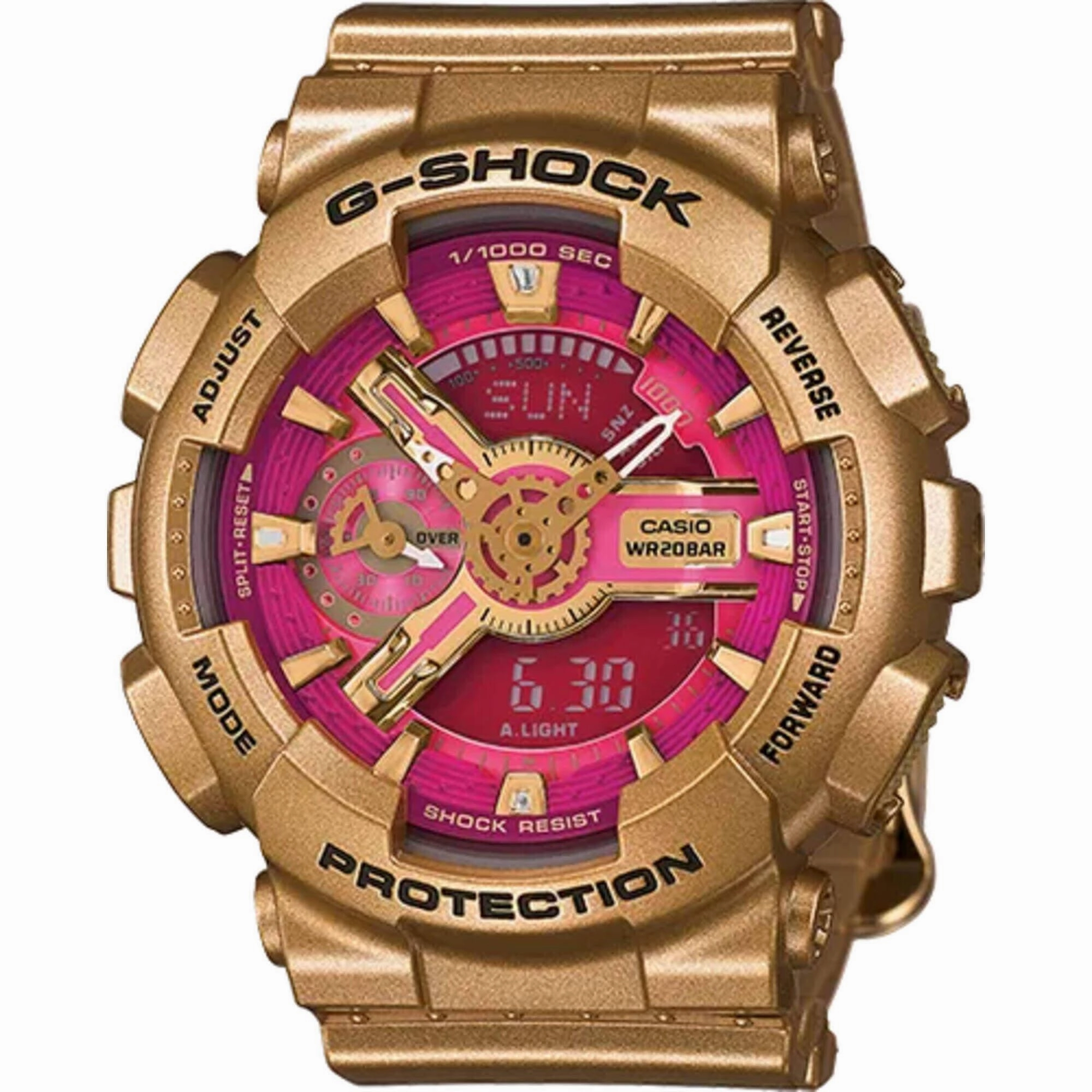 Casio Women's Watch - G-Shock Pink and Gold Ana-Digi Dial Strap | GMAS110GD-4A1CR