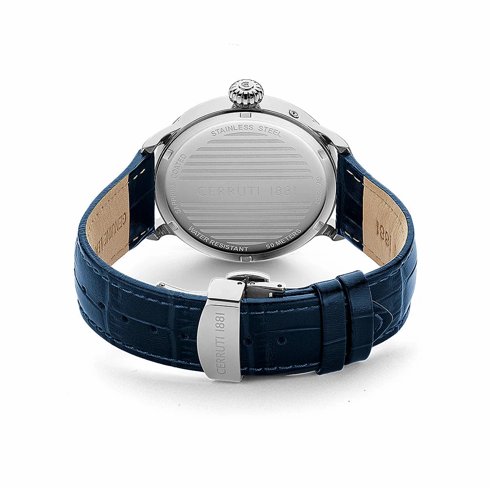 Cerruti 1881 Dervio Gents Blue Dial Silver Case Blue Leather Strap Watch with Blue Dial