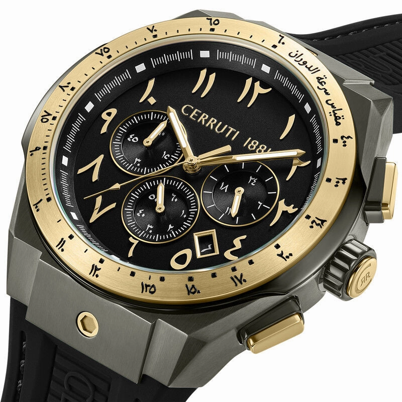 Cerruti 1881 Ruscello Gents Black Dial Gun IP Gold Plated Case Black Silicone Watch