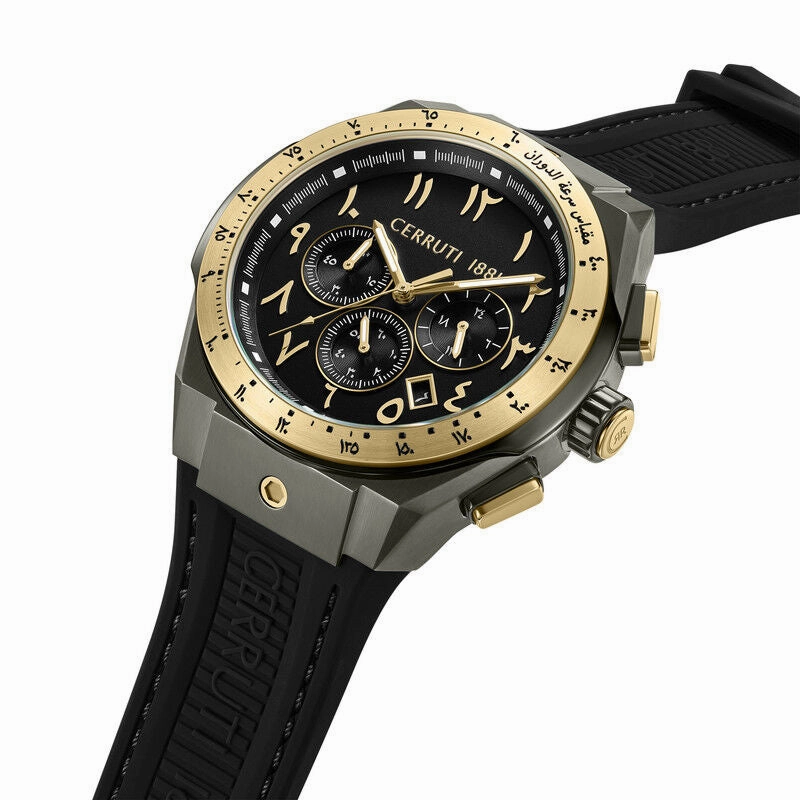 Cerruti 1881 Ruscello Gents Black Dial Gun IP Gold Plated Case Black Silicone Watch