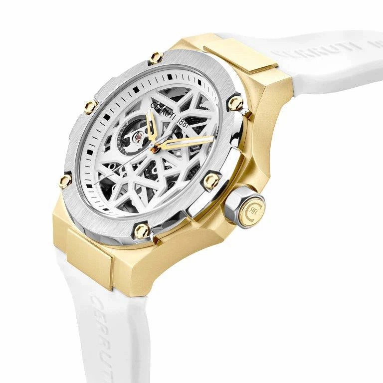 Cerruti 1881 Ruscello Gents Contemporary Skeleton/White Dial Gold Case White Silicon Strap Watch