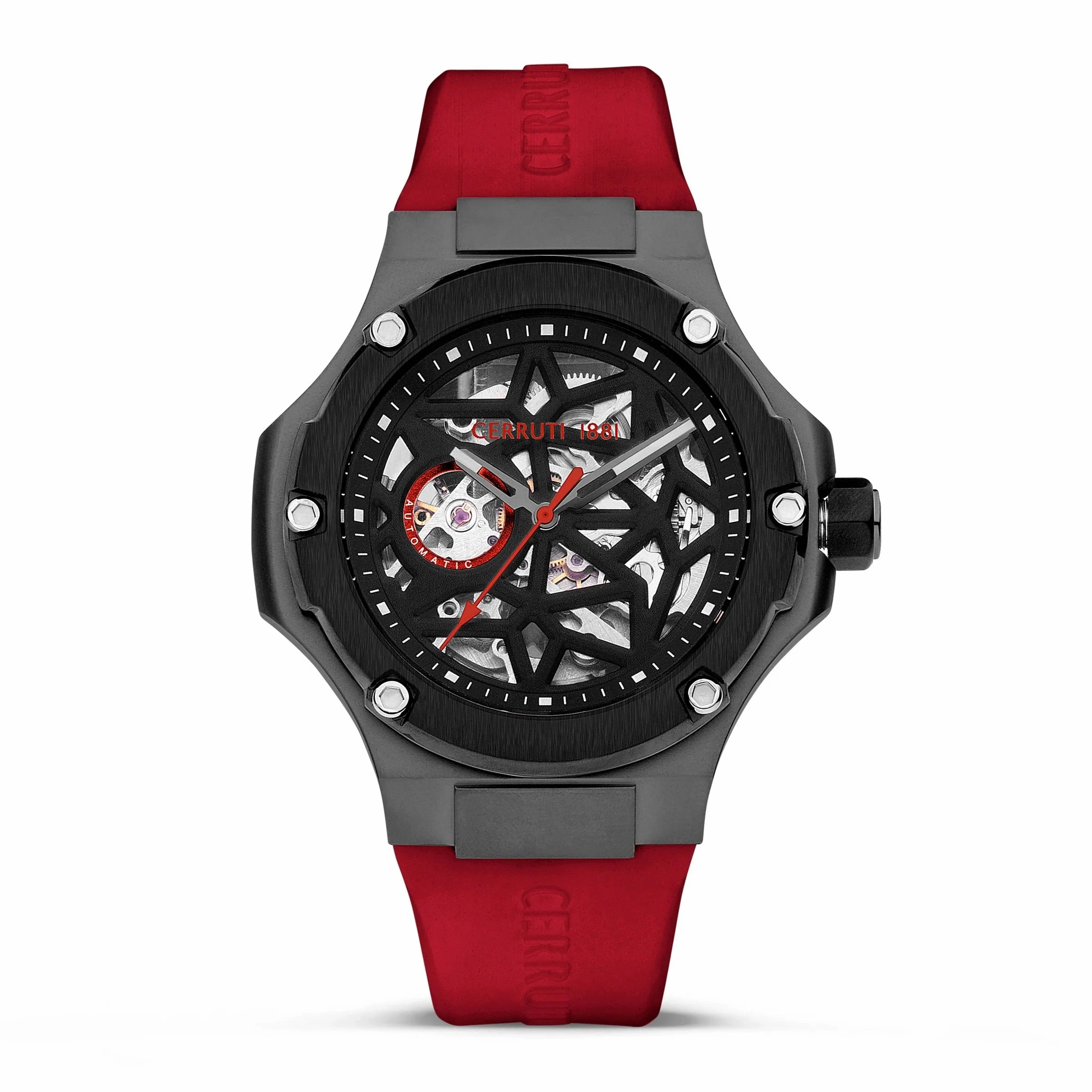 Cerruti Lucardo Gents Automatic Black Dial Gun Case Red Silicon Strap Watch