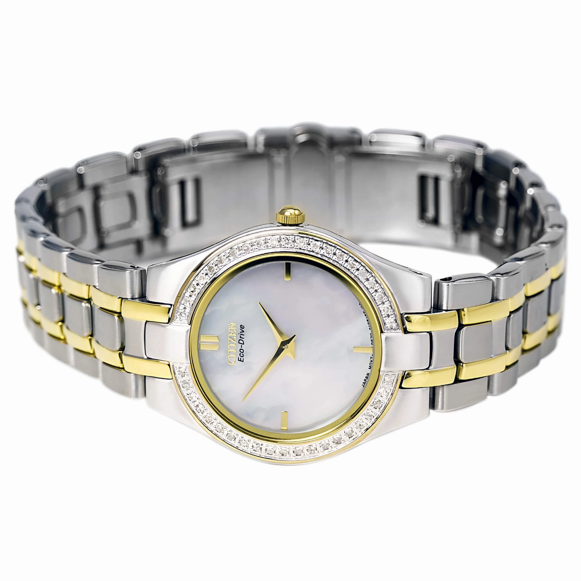 Citizen Women's Diamond Watch - Stiletto Eco Drive Two Tone Yellow Steel MOP Dial