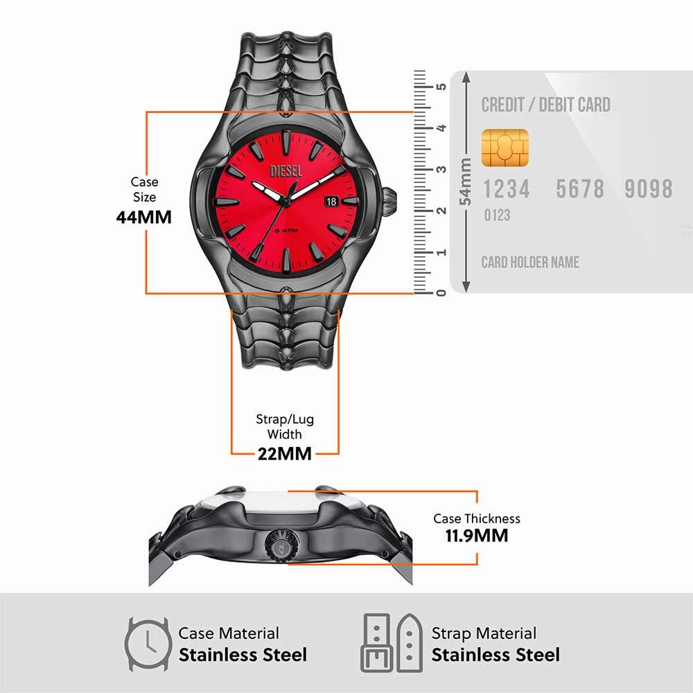 Diesel Vert Gents Red Dial Gun Metal Stainless Steel Watch