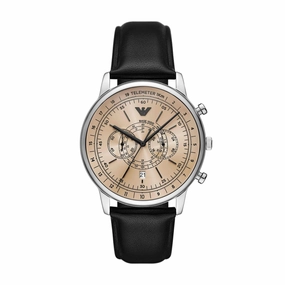 Emporio Armani Chronograph Gents Watch with Golden Dial and Black Leather Strap