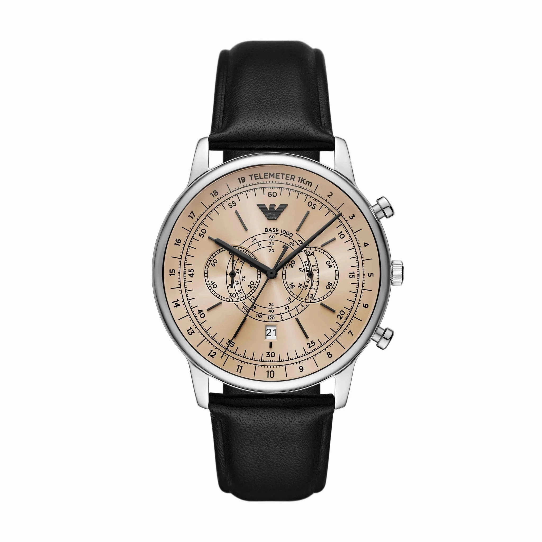 Emporio Armani Chronograph Gents Watch with Golden Dial and Black Leather Strap