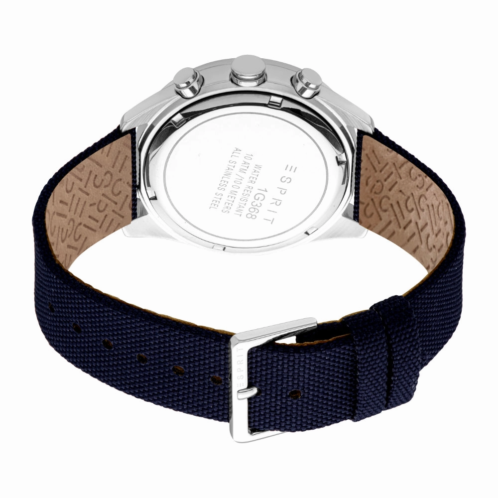 ESPRIT Men's Chronograph Watch with Silver Color Case and Dark Blue Dial, Dark Blue Nylon Strap, 10 ATM