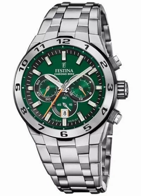 Festina Chrono Bike Gents Green Dial  Stainless Steel Bracelet Watch