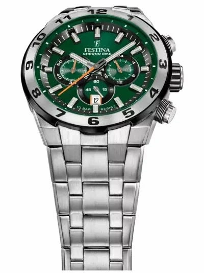 Festina Chrono Bike Gents Green Dial  Stainless Steel Bracelet Watch