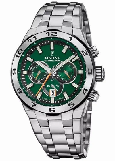 Festina Chrono Bike Gents Green Dial  Stainless Steel Bracelet Watch