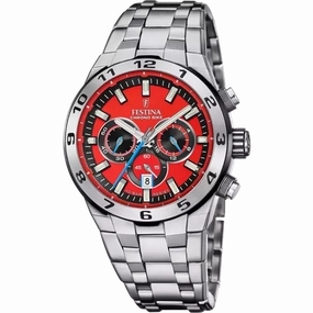 Festina Chrono Bike Gents Red Dial Stainless Steel Watch