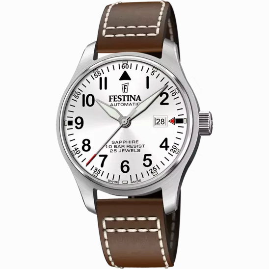 Festina F20151/1 Gents Automatic White Dial Brown Leather Strap Watch