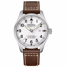 Festina F20151/1 Gents Automatic White Dial Brown Leather Strap Watch