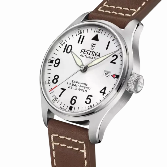 Festina F20151/1 Gents Automatic White Dial Brown Leather Strap Watch