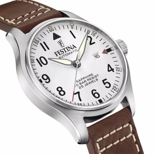 Festina F20151/1 Gents Automatic White Dial Brown Leather Strap Watch