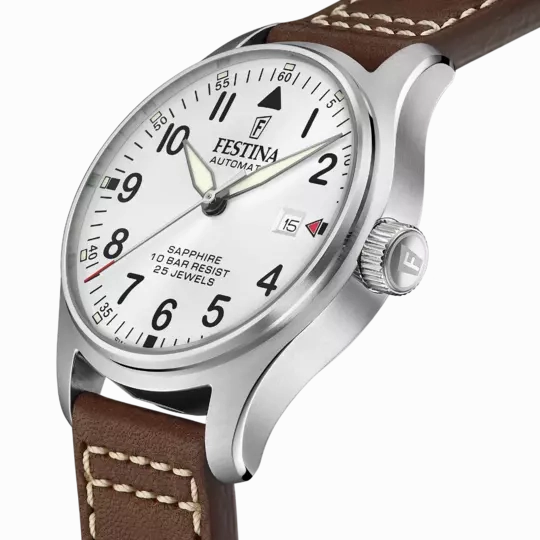 Festina F20151/1 Gents Automatic White Dial Brown Leather Strap Watch