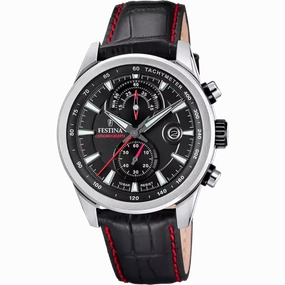 Festina Timeless Chronograph Gents Black Dial Black Leather Strap Watch