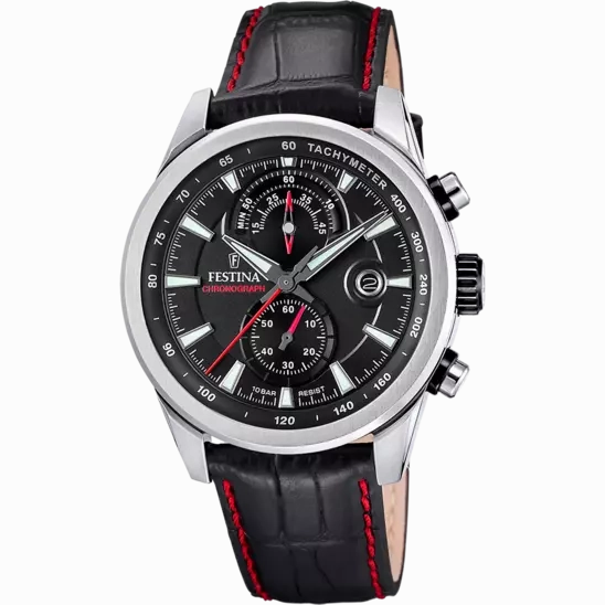 Festina Timeless Chronograph Gents Black Dial Black Leather Strap Watch