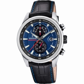 Festina Timeless Chronograph Gents Blue Dial Black Leather Strap Watch