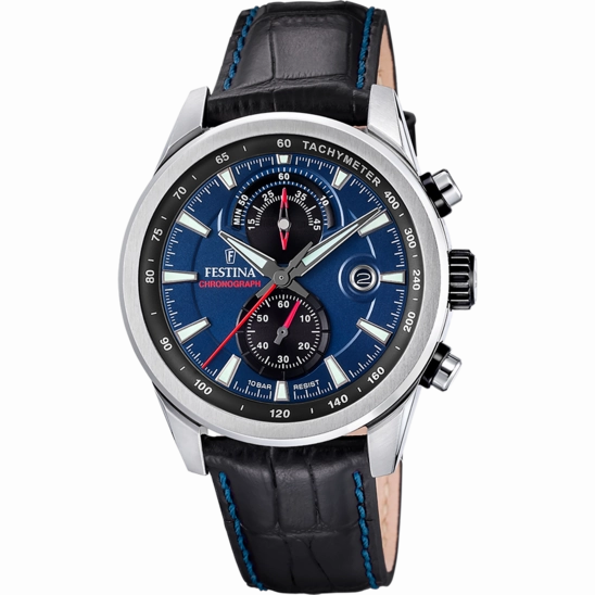 Festina Timeless Chronograph Gents Blue Dial Black Leather Strap Watch