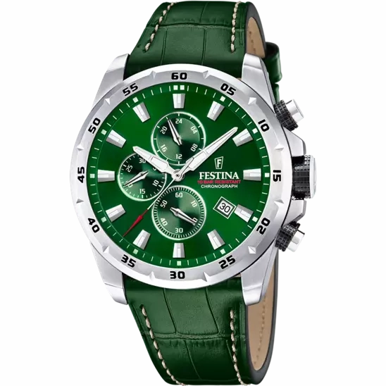 Festina Timeless Chronograph Gents Green Dial Green Leather Strap Watch