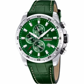 Festina Timeless Chronograph Gents Green Dial Green Leather Strap Watch