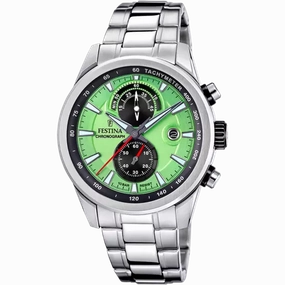Festina Timeless Chronograph Gents Green Dial Stainless Steel Watch