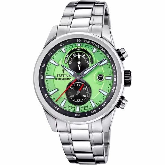 Festina Timeless Chronograph Gents Green Dial Stainless Steel Watch