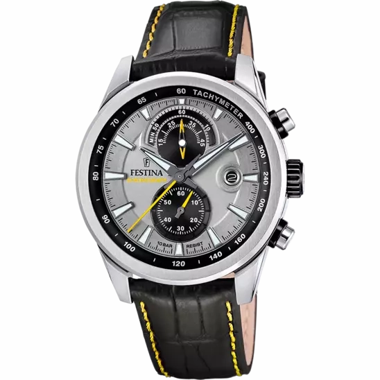 Festina Timeless Chronograph Gents Grey Dial Black Leather Strap Watch