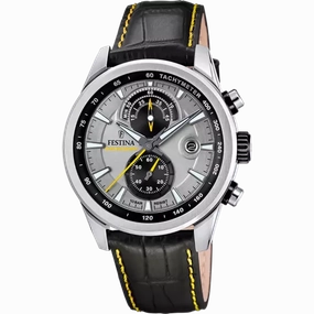 Festina Timeless Chronograph Gents Grey Dial Black Leather Strap Watch