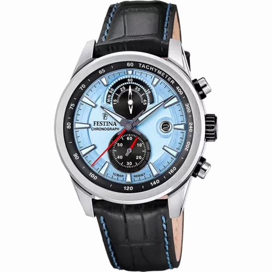 Festina Timeless Chronograph Gents Light Blue Dial Leather Watch