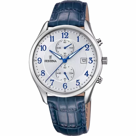 Festina Timeless Chronograph Gents White Dial Blue Leather Strap Watch