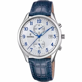 Festina Timeless Chronograph Gents White Dial Blue Leather Strap Watch