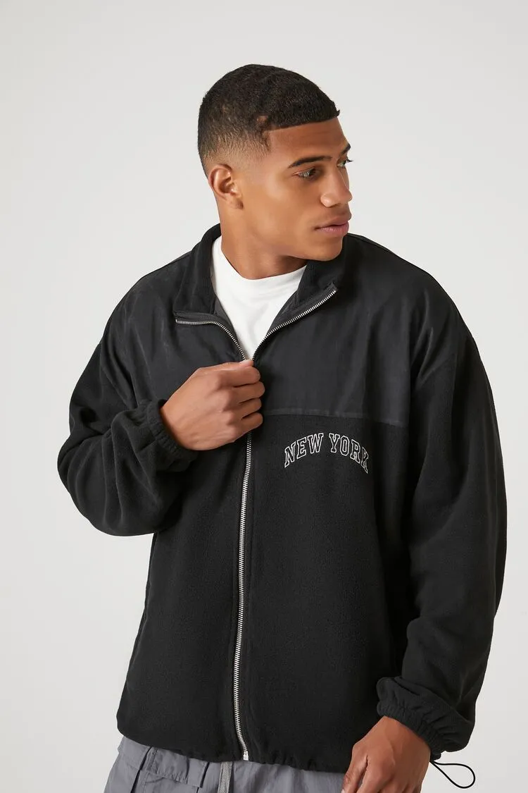 Forever 21 Men's Mixed Media Suede Nylon Embroidered New York Zip Jacket Black/Multi Forever 21