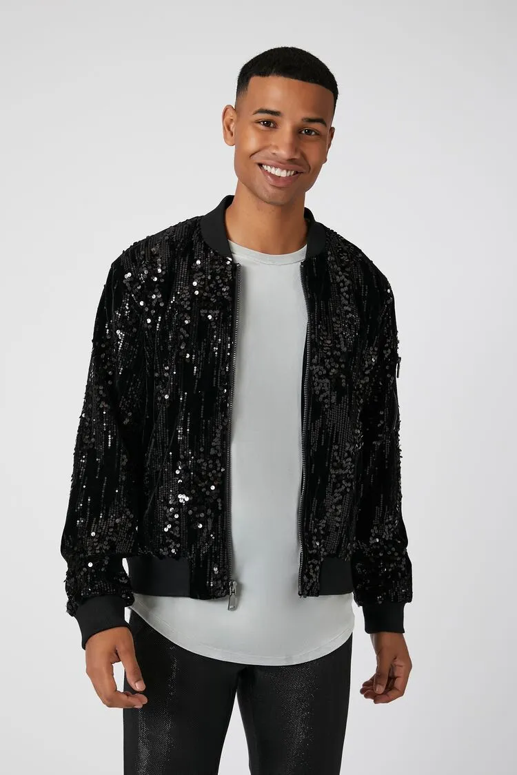 Forever 21 Men's Sequin Zip-Up Bomber Jacket Black Forever 21