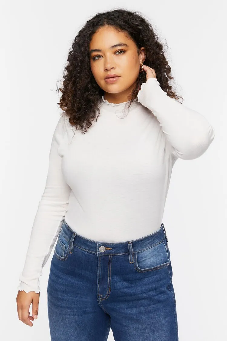 Forever 21 Plus Women's Lettuce-Edge Bodysuit Cream Forever 21