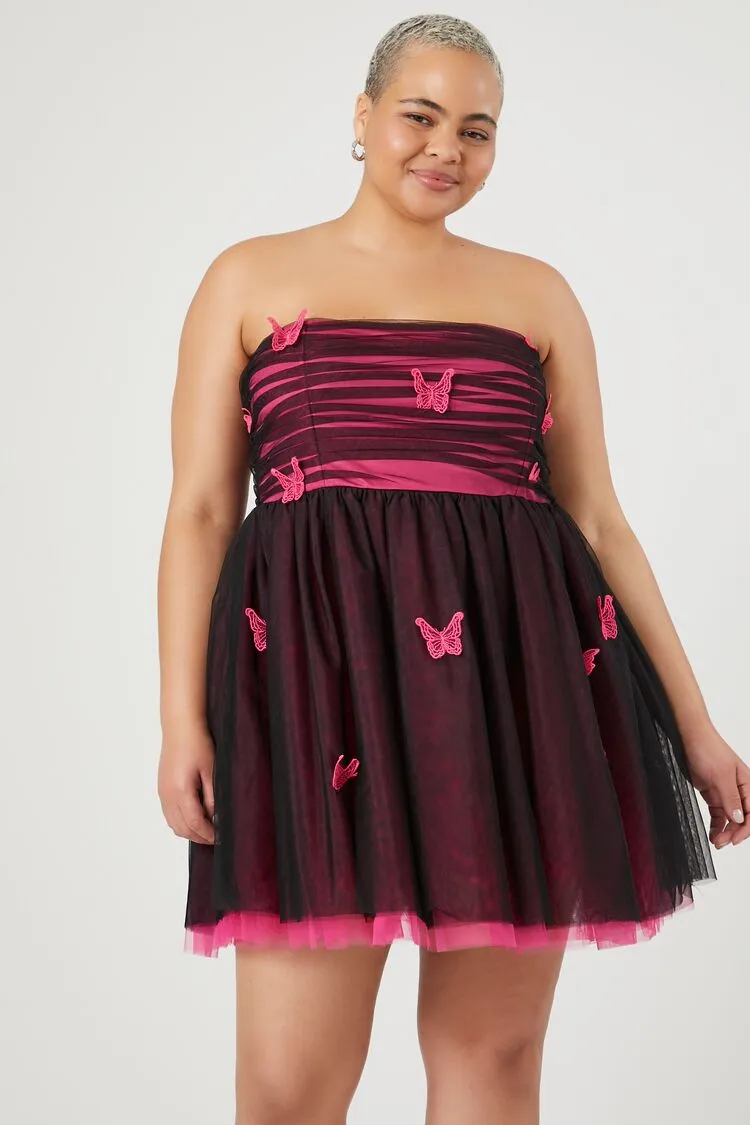 Forever 21 Plus Women's Mesh Butterfly Babydoll Dress Hot Pink/Black Forever 21