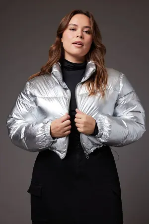 Forever 21 Plus Women's Metallic Cropped Puffer Bubble Coat Jacket Silver Forever 21