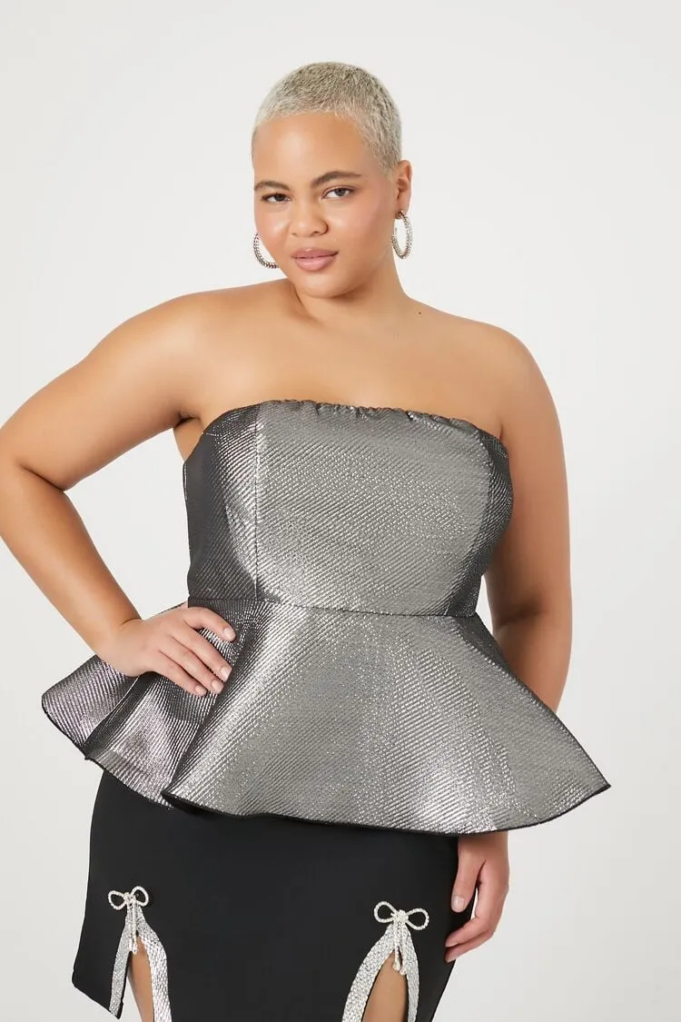 Forever 21 Plus Women's Metallic Strapless Peplum Top Grey Forever 21