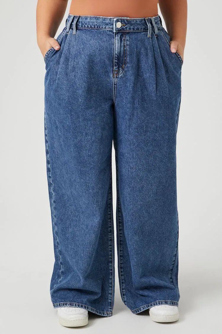 Forever 21 Plus Women's Pleated Wide-Leg Jeans Medium Denim Forever 21