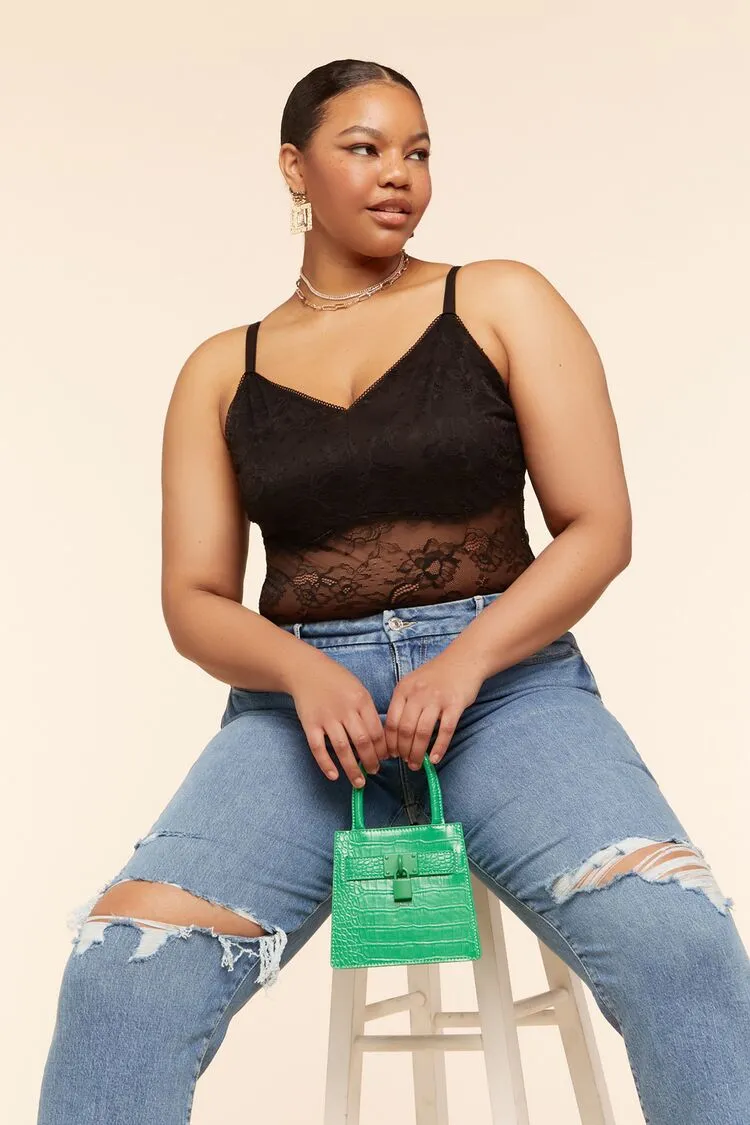 Forever 21 Plus Women's Sheer Lace Cami Bodysuit Black Forever 21