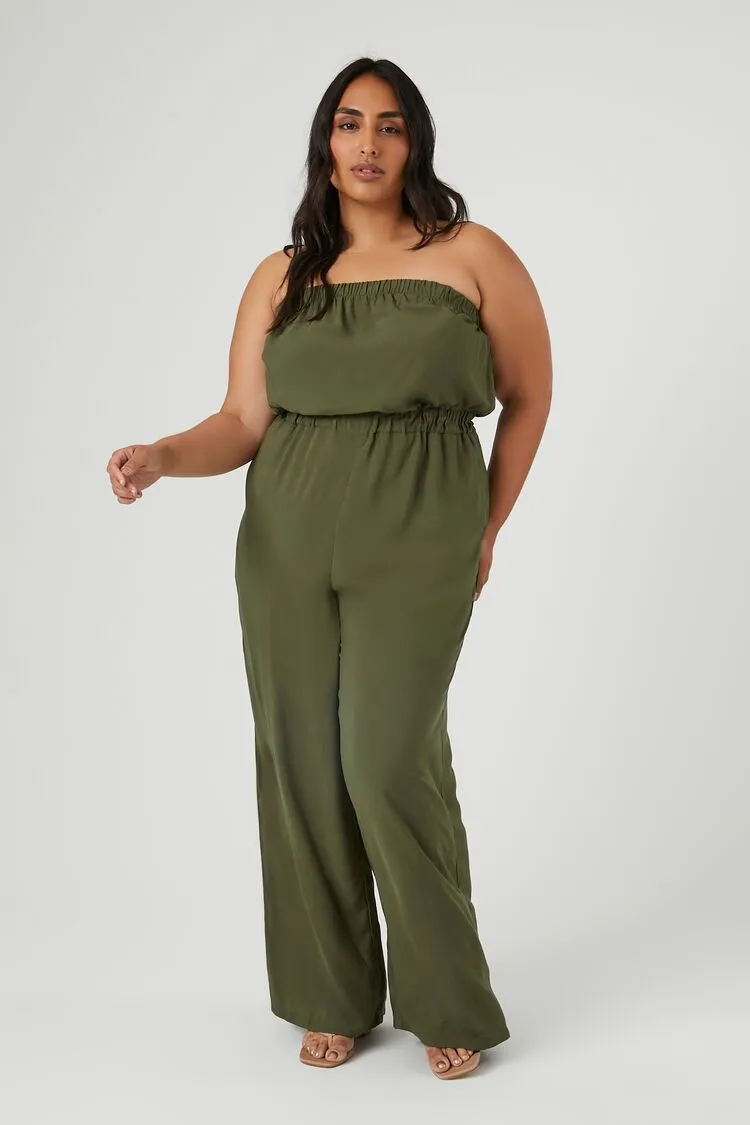 Forever 21 Plus Women's Strapless Wide-Leg Jumpsuit Olive Forever 21