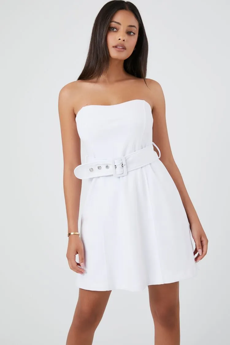 Forever 21 Women's Belted Sweetheart Mini Dress White Forever 21