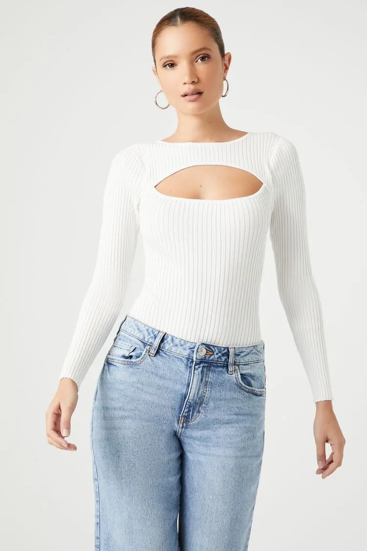 Forever 21 Women's Cutout Sweater-Knit Bodysuit White Forever 21