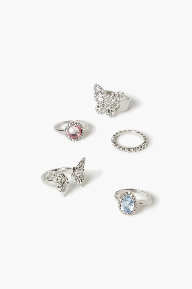 Forever 21 Women's Faux Gem Butterfly Ring Set Silver/Pink Forever 21