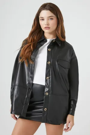 Forever 21 Women's Faux Leather/Pleather Drop-Sleeve Shacket Black Forever 21
